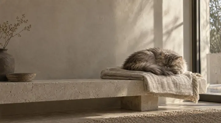 A long-haired cat asleep on a linen throw in late-afternoon light